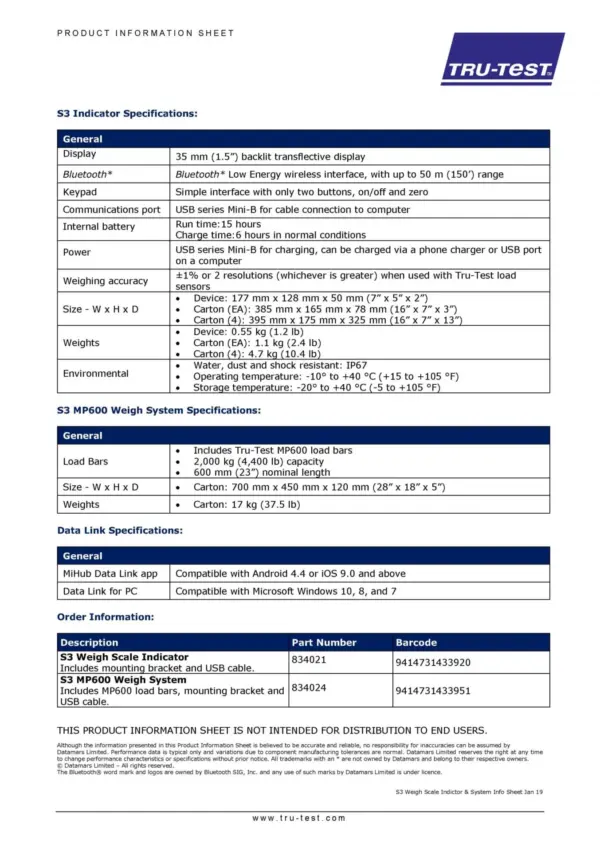 Tru-test s3 weigh system